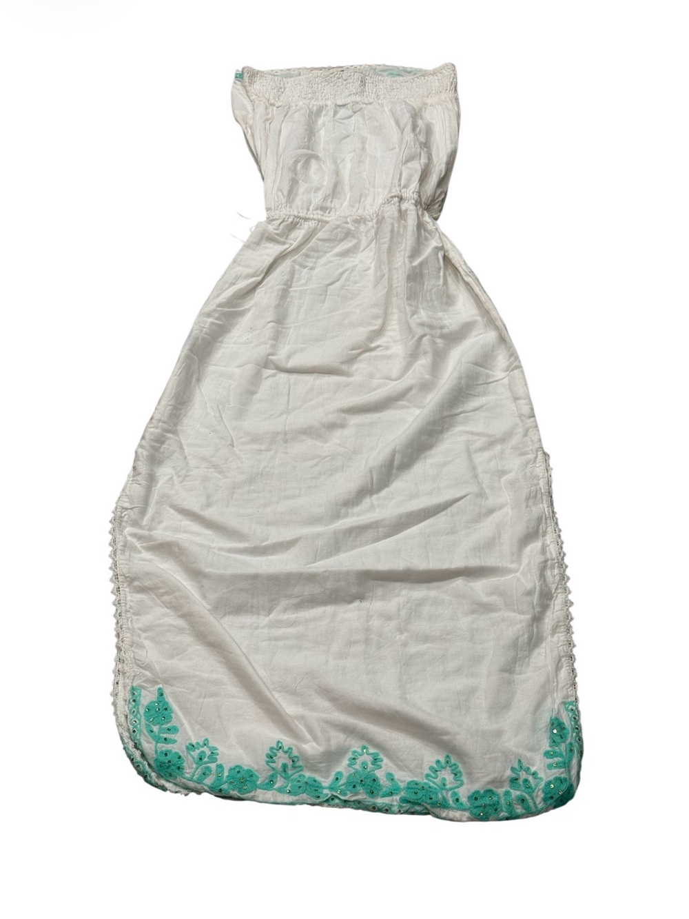 Cynthia Rowley Strapless White Cotton Maxi Dress Aqua Embroidered XL - Picture 3 of 4
